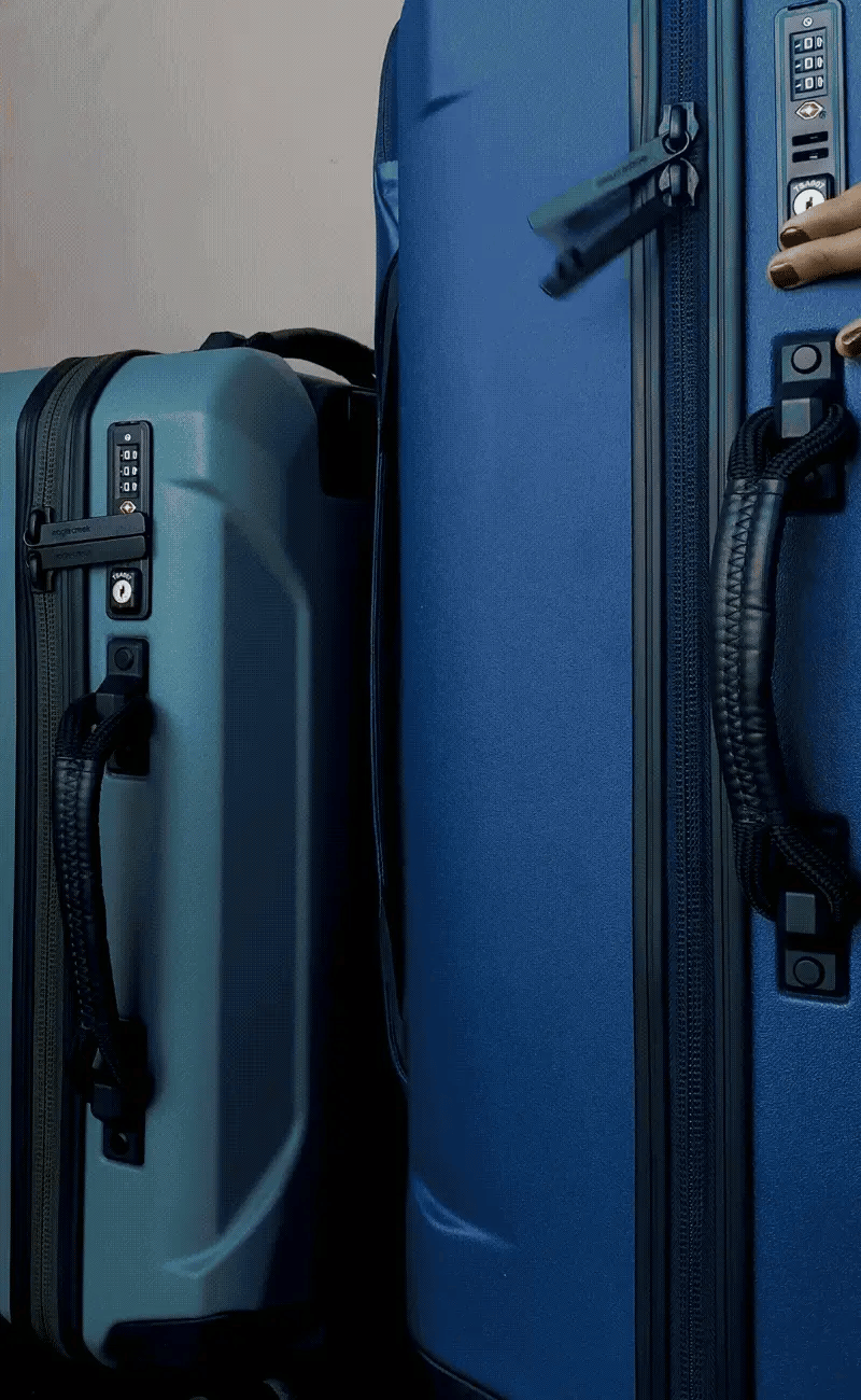 A person packing a piece of luggage full of packing cubes.